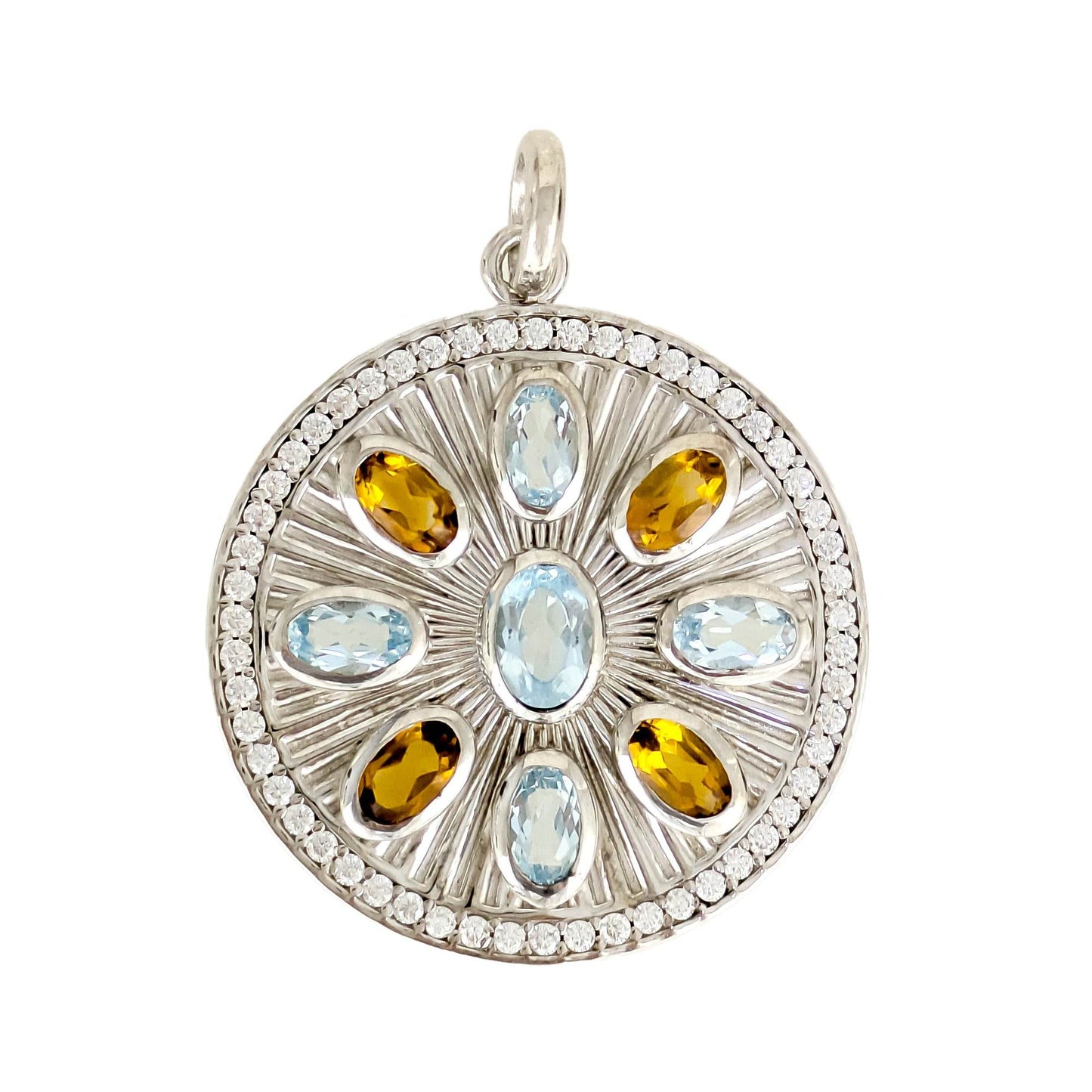 Sky Blue Topaz & Citrine Sunburst Pendant – CZ Halo, Rhodium over Sterling Silver - TurkishBling