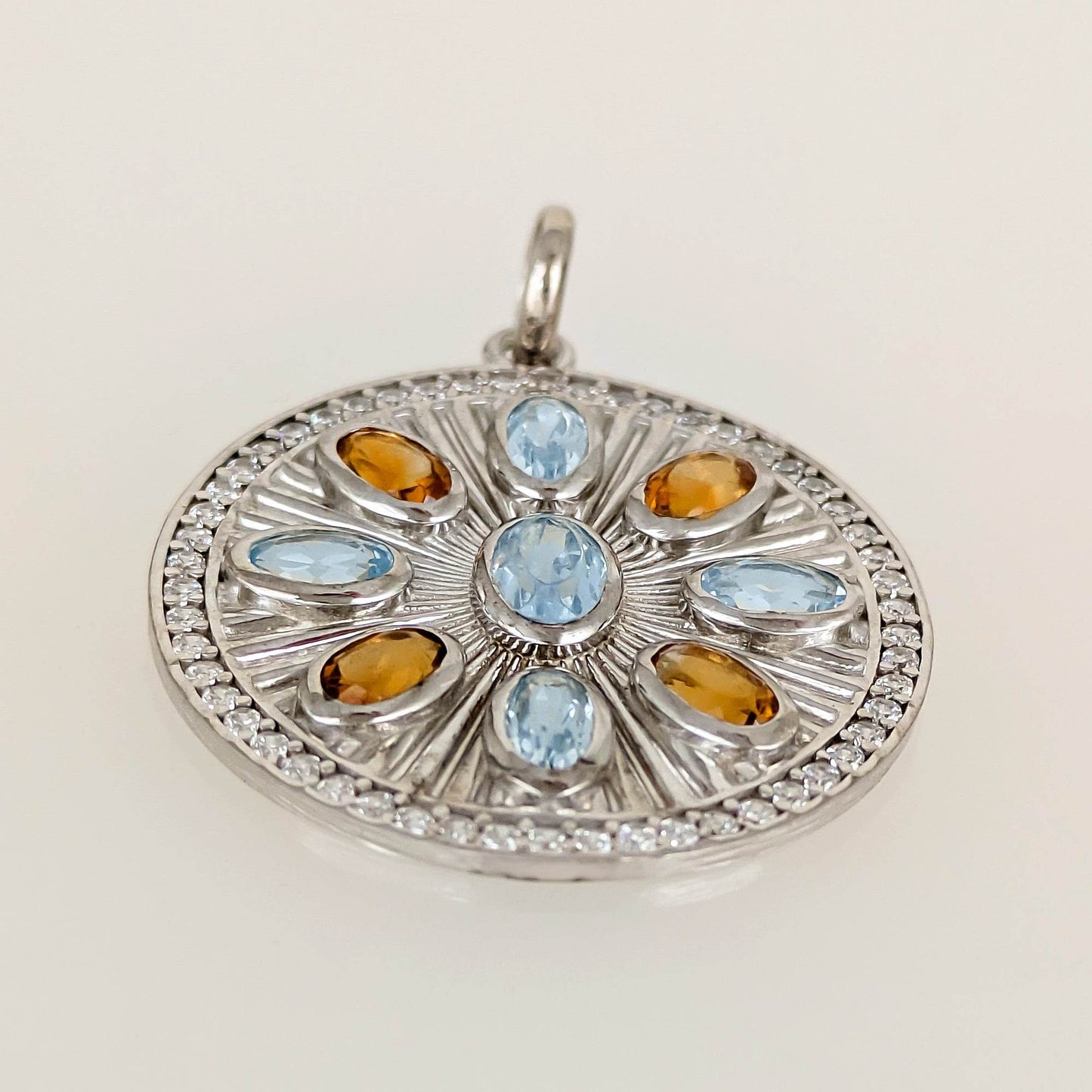 Sky Blue Topaz & Citrine Sunburst Pendant – CZ Halo, Rhodium over Sterling Silver - TurkishBling