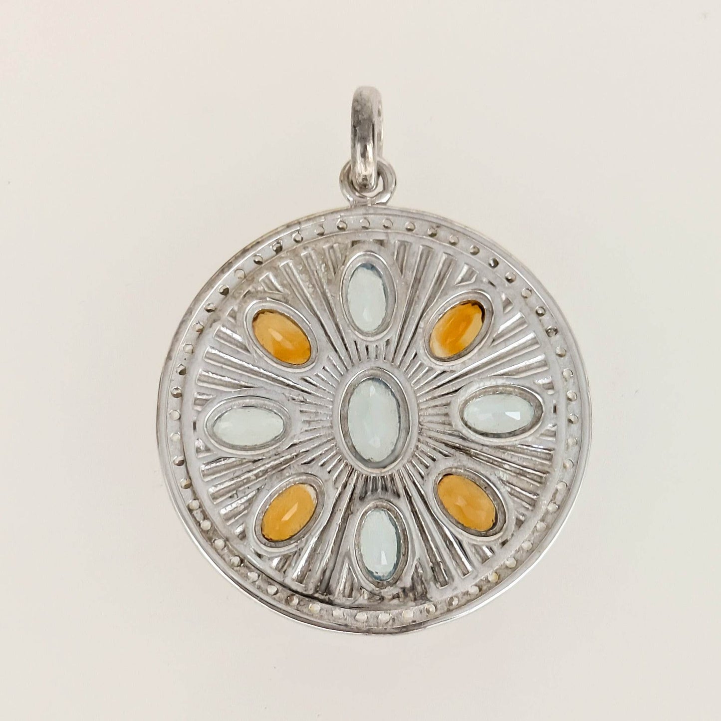 Sky Blue Topaz & Citrine Sunburst Pendant – CZ Halo, Rhodium over Sterling Silver - TurkishBling