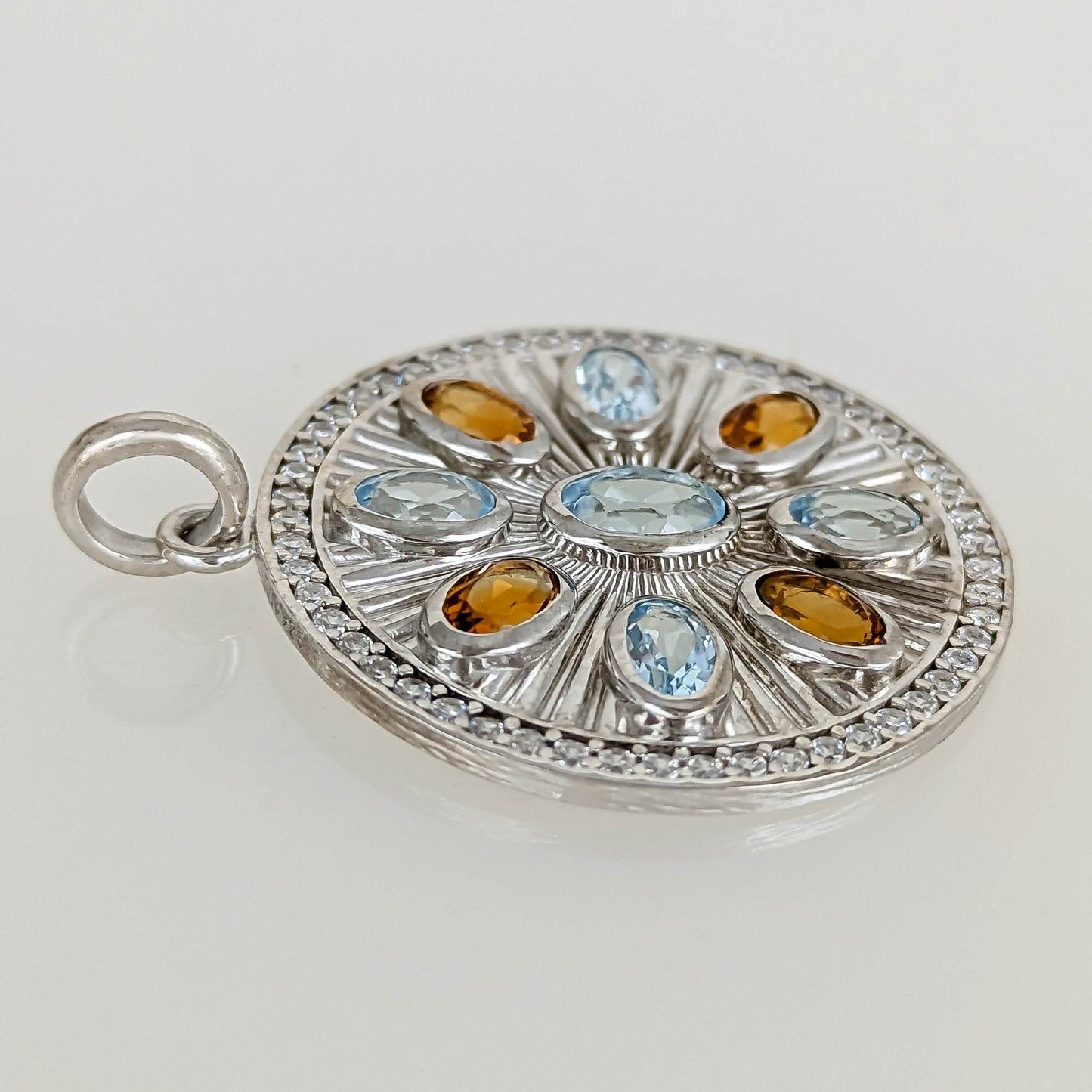 Sky Blue Topaz & Citrine Sunburst Pendant – CZ Halo, Rhodium over Sterling Silver - TurkishBling
