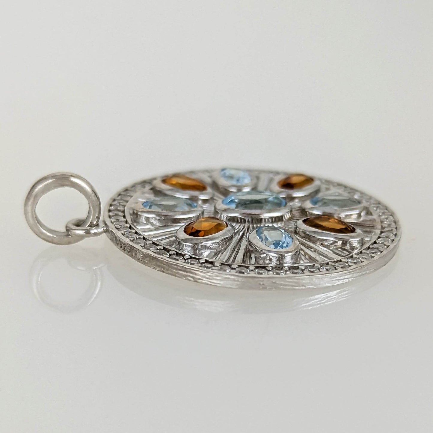 Sky Blue Topaz & Citrine Sunburst Pendant – CZ Halo, Rhodium over Sterling Silver - TurkishBling