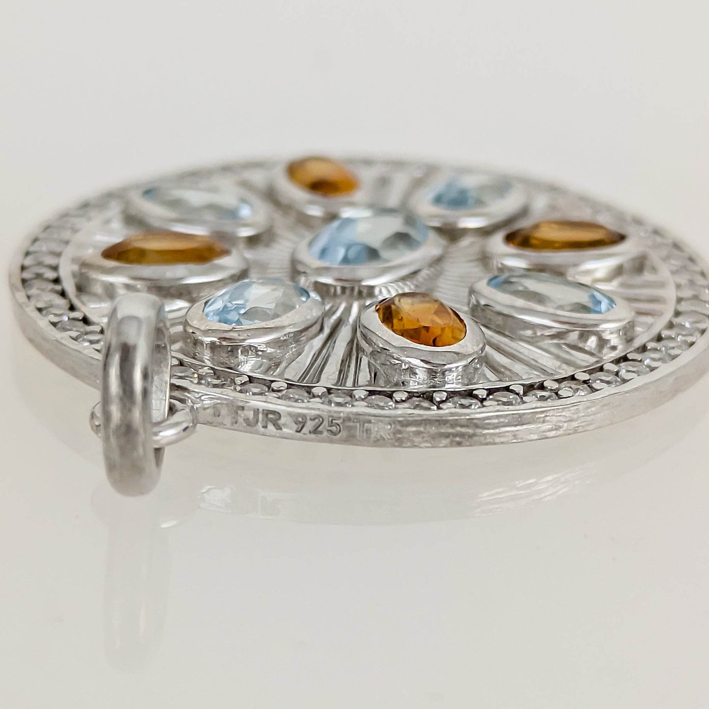 Sky Blue Topaz & Citrine Sunburst Pendant – CZ Halo, Rhodium over Sterling Silver - TurkishBling