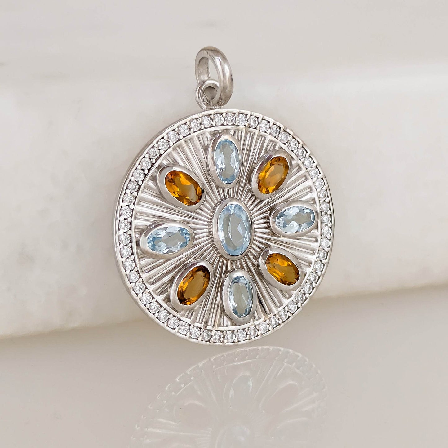 Sky Blue Topaz & Citrine Sunburst Pendant – CZ Halo, Rhodium over Sterling Silver - TurkishBling