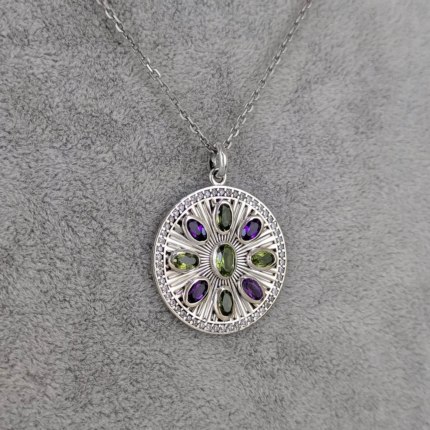 Amethyst & Peridot Sunburst Pendant – CZ Halo, Rhodium over Sterling Silver - TurkishBling