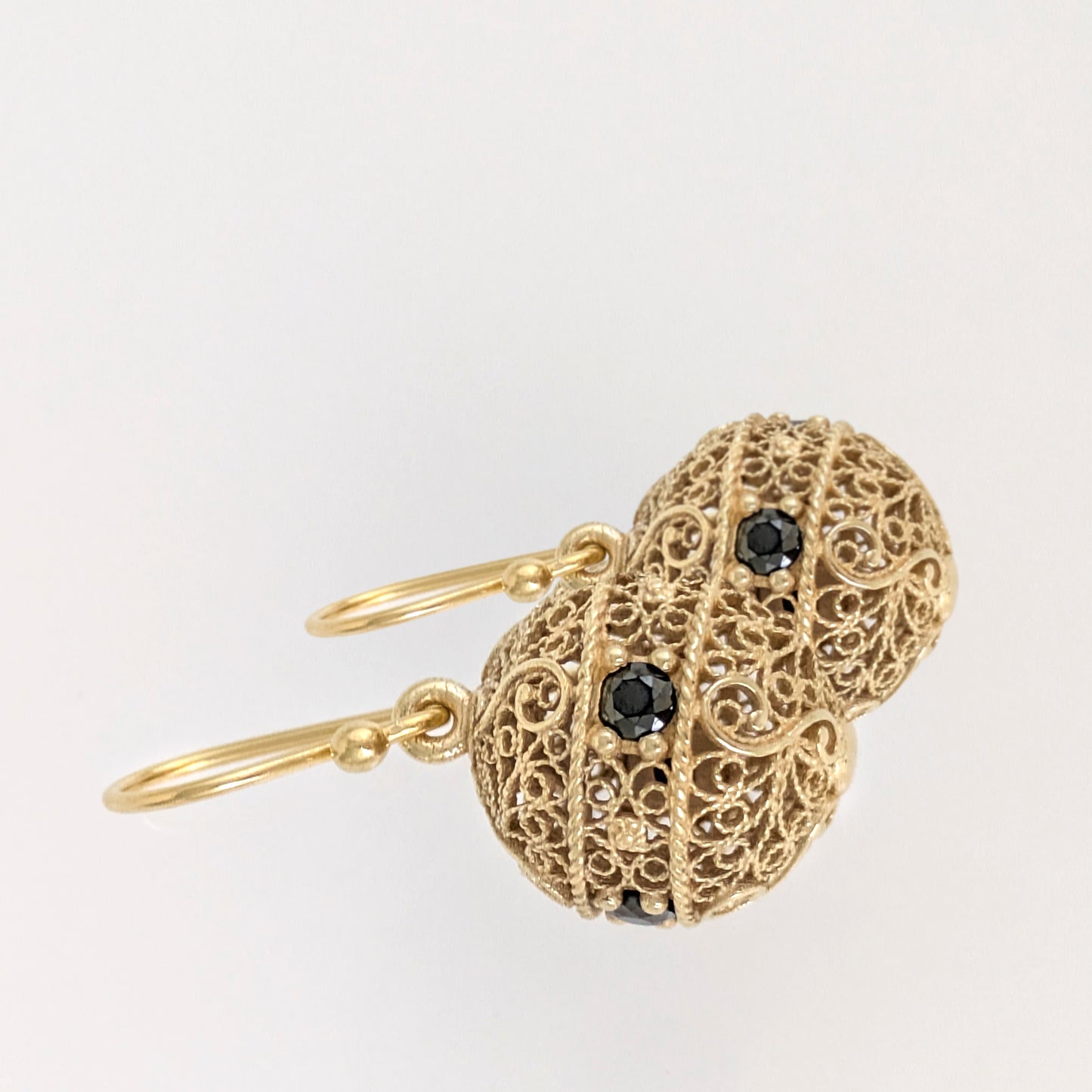 Scrollwork Ball Earrings with Black Spinels