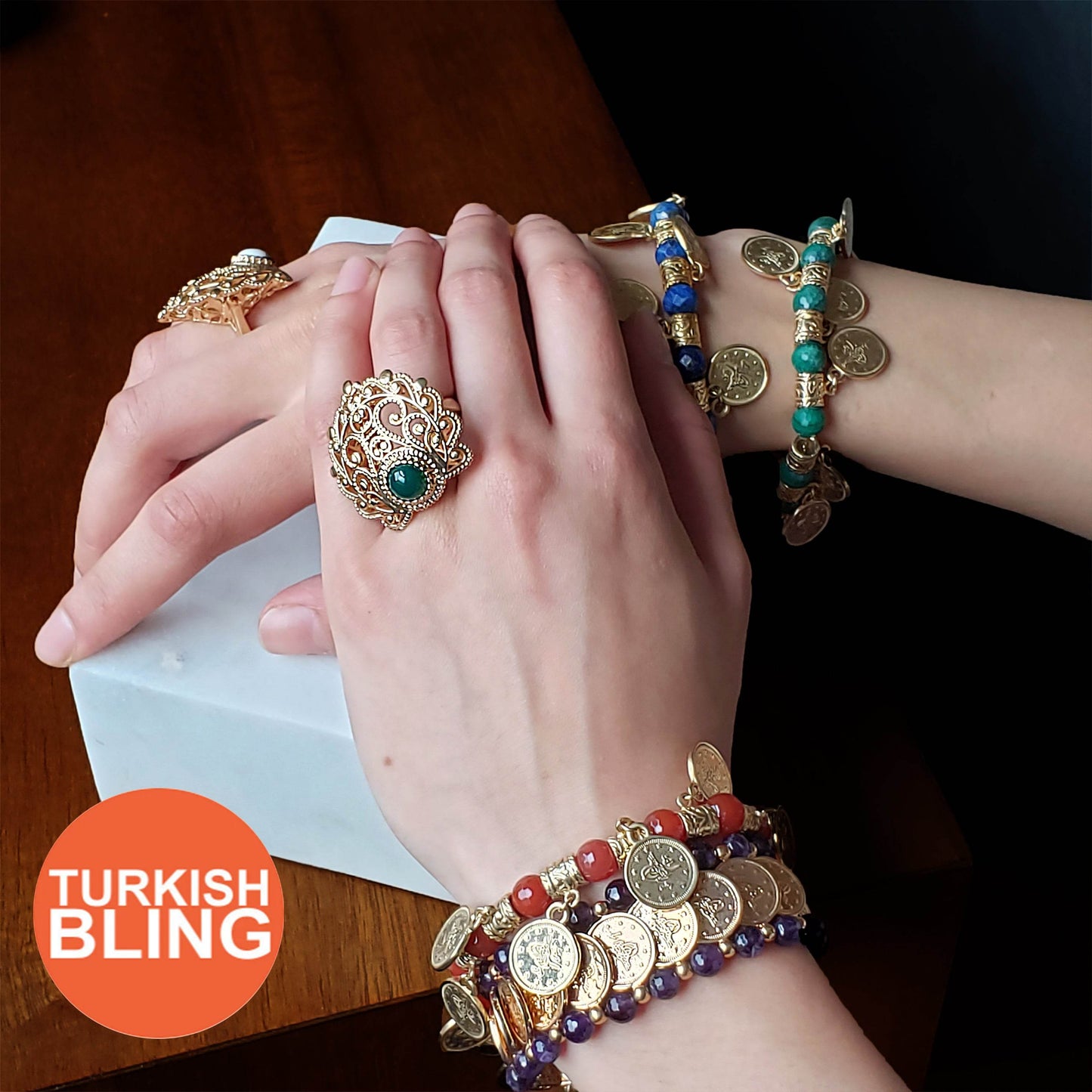 18K Gold Plated 8mm Agate Filigree Ring - TurkishBling