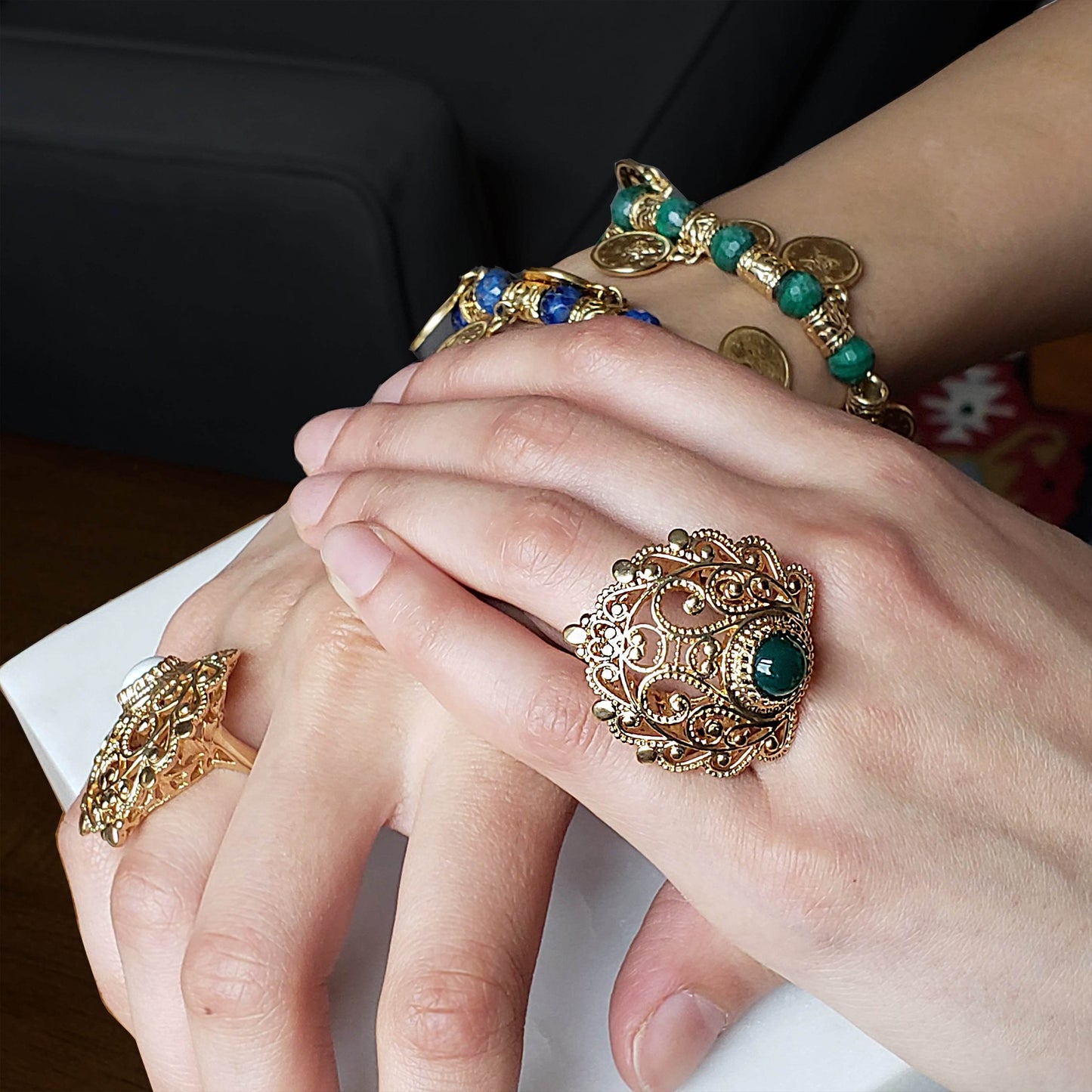18K Gold Plated 8mm Agate Filigree Ring - TurkishBling