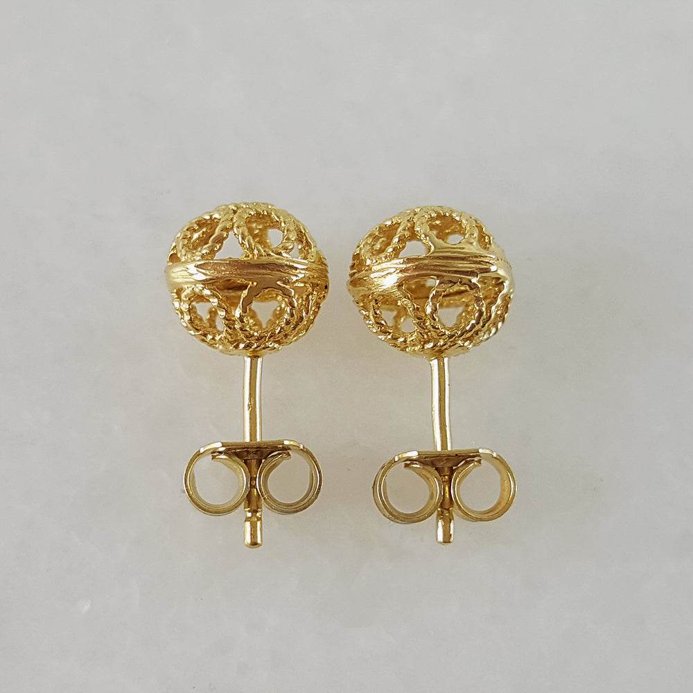 Round Gold Filigree Bead Stud Earrings with Diamond Cut - TurkishBling