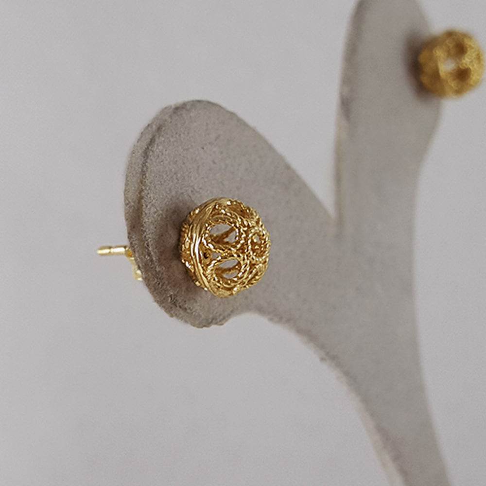 Round Gold Filigree Bead Stud Earrings with Diamond Cut - TurkishBling