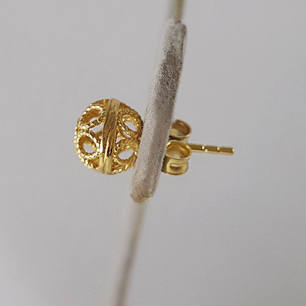 Round Gold Filigree Bead Stud Earrings with Diamond Cut - TurkishBling