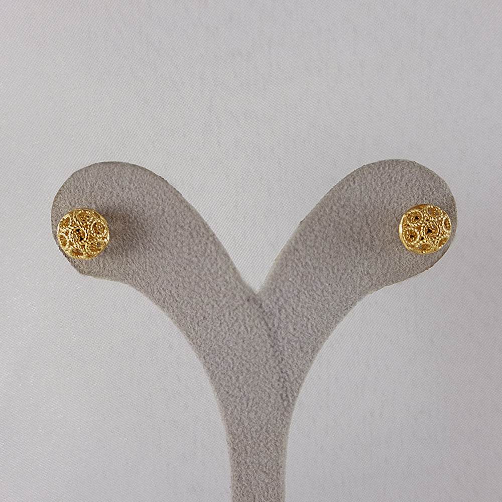 Round Gold Filigree Bead Stud Earrings with Diamond Cut - TurkishBling