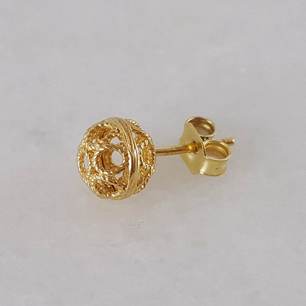 Round Gold Filigree Bead Stud Earrings with Diamond Cut - TurkishBling