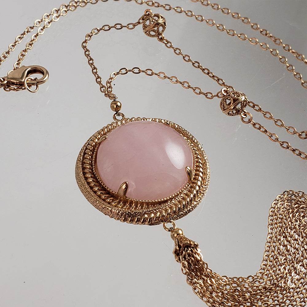 Rose Quartz gemstone Tassel Pendant Necklace - TurkishBling