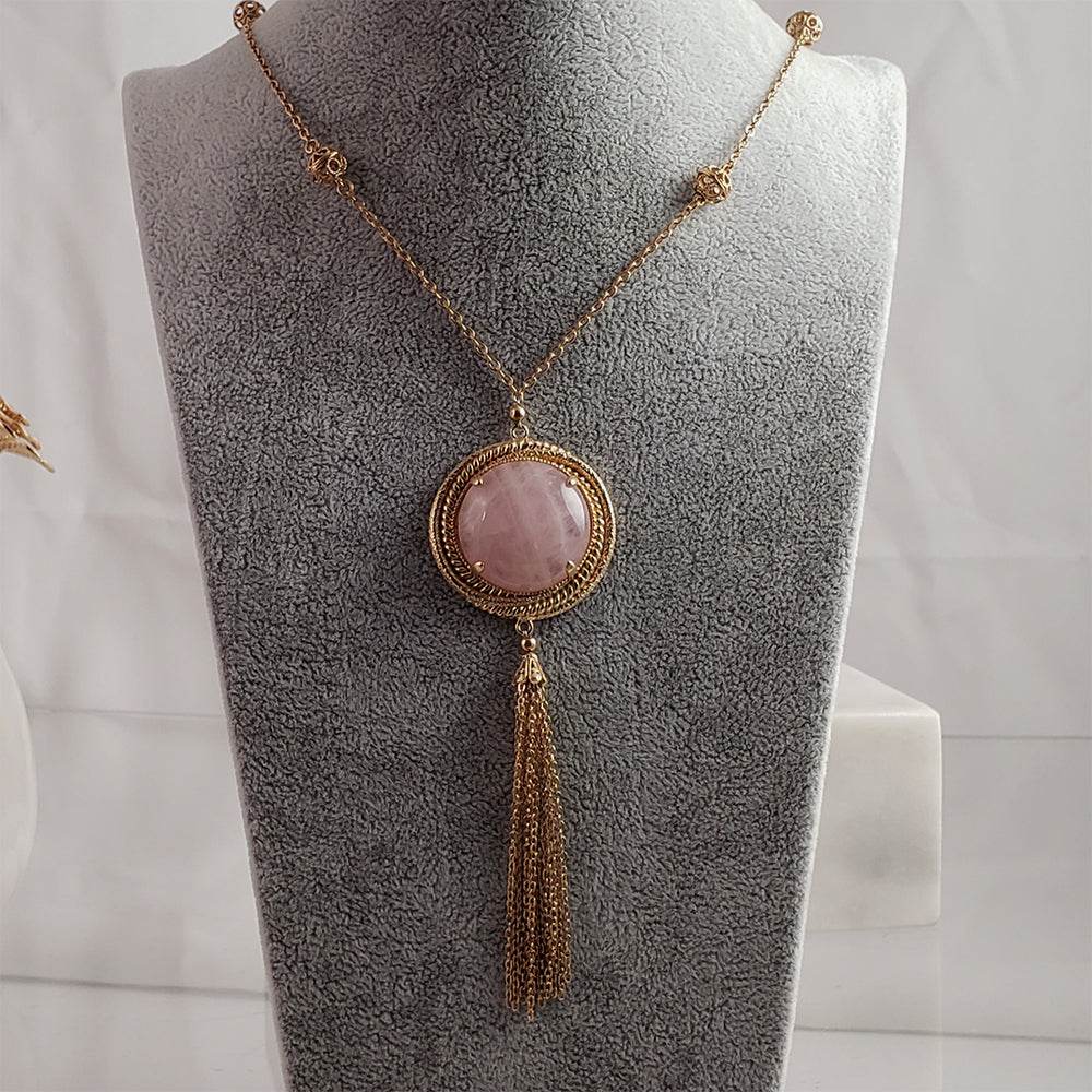 Rose Quartz gemstone Tassel Pendant Necklace - TurkishBling