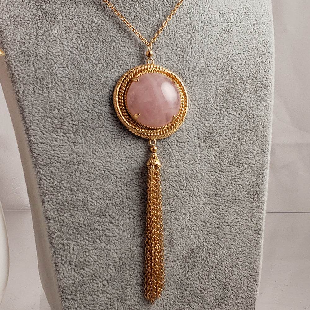 Rose Quartz gemstone Tassel Pendant Necklace - TurkishBling