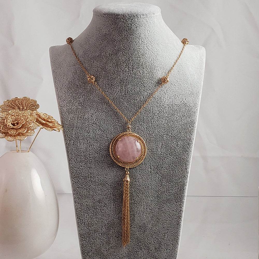 Rose Quartz gemstone Tassel Pendant Necklace - TurkishBling