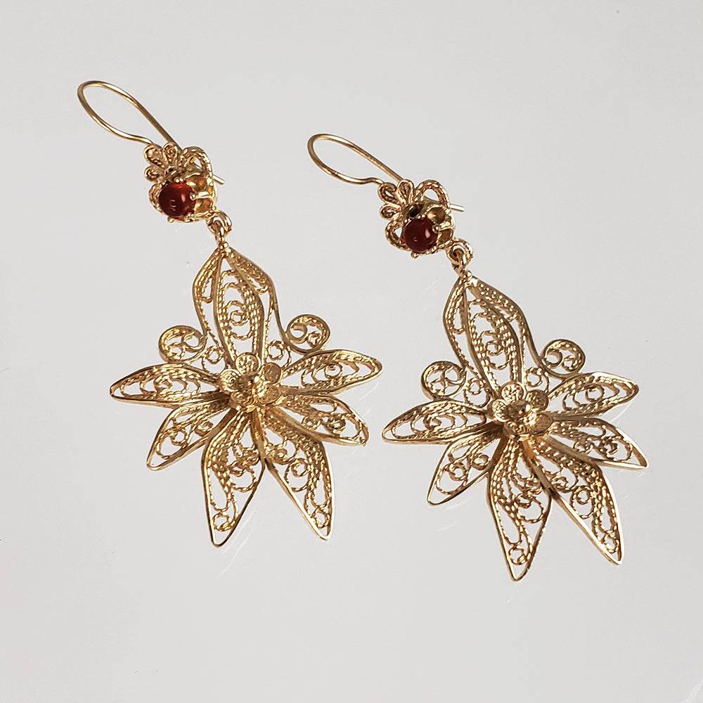 Dangling Carnelian Earrings with Floral Filigree Drop Design - TurkishBling