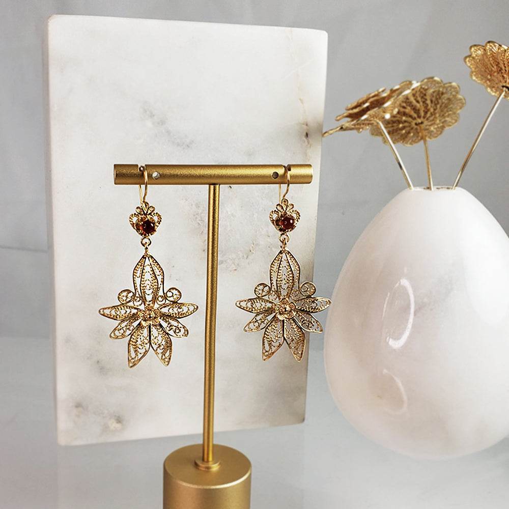 Dangling Carnelian Earrings with Floral Filigree Drop Design - TurkishBling