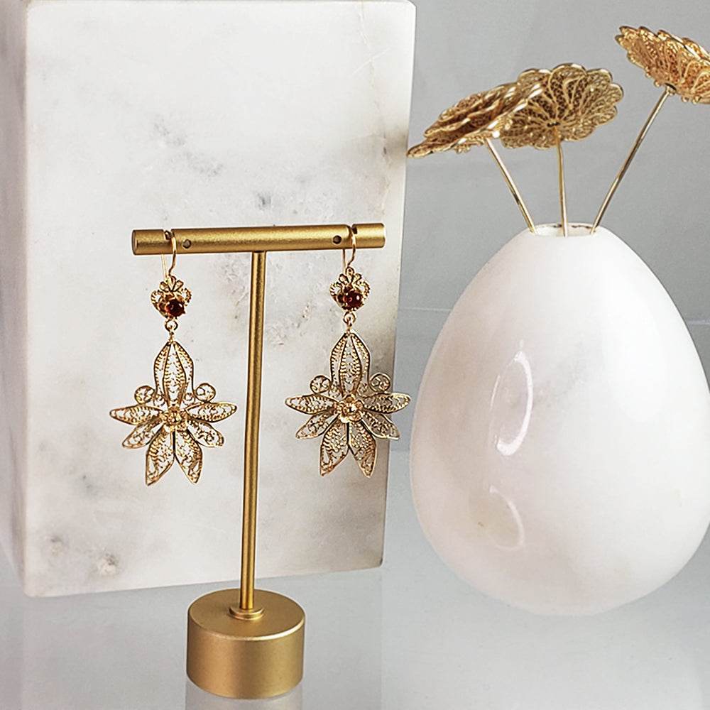 Dangling Carnelian Earrings with Floral Filigree Drop Design - TurkishBling
