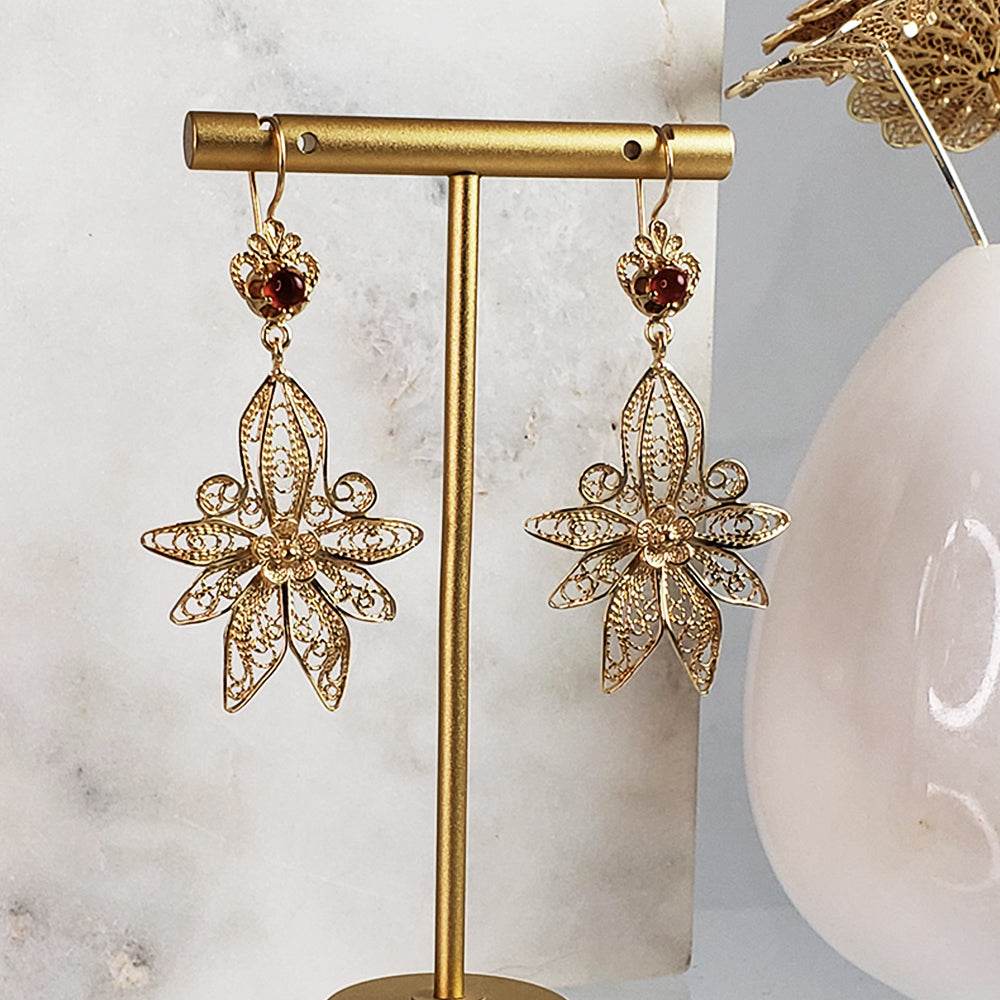Dangling Carnelian Earrings with Floral Filigree Drop Design - TurkishBling