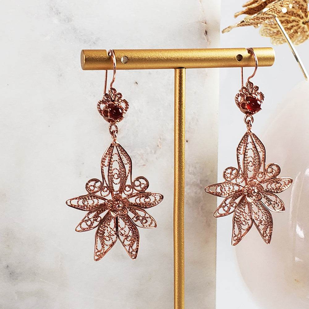 Dangling Carnelian Earrings with Floral Filigree Drop Design - TurkishBling