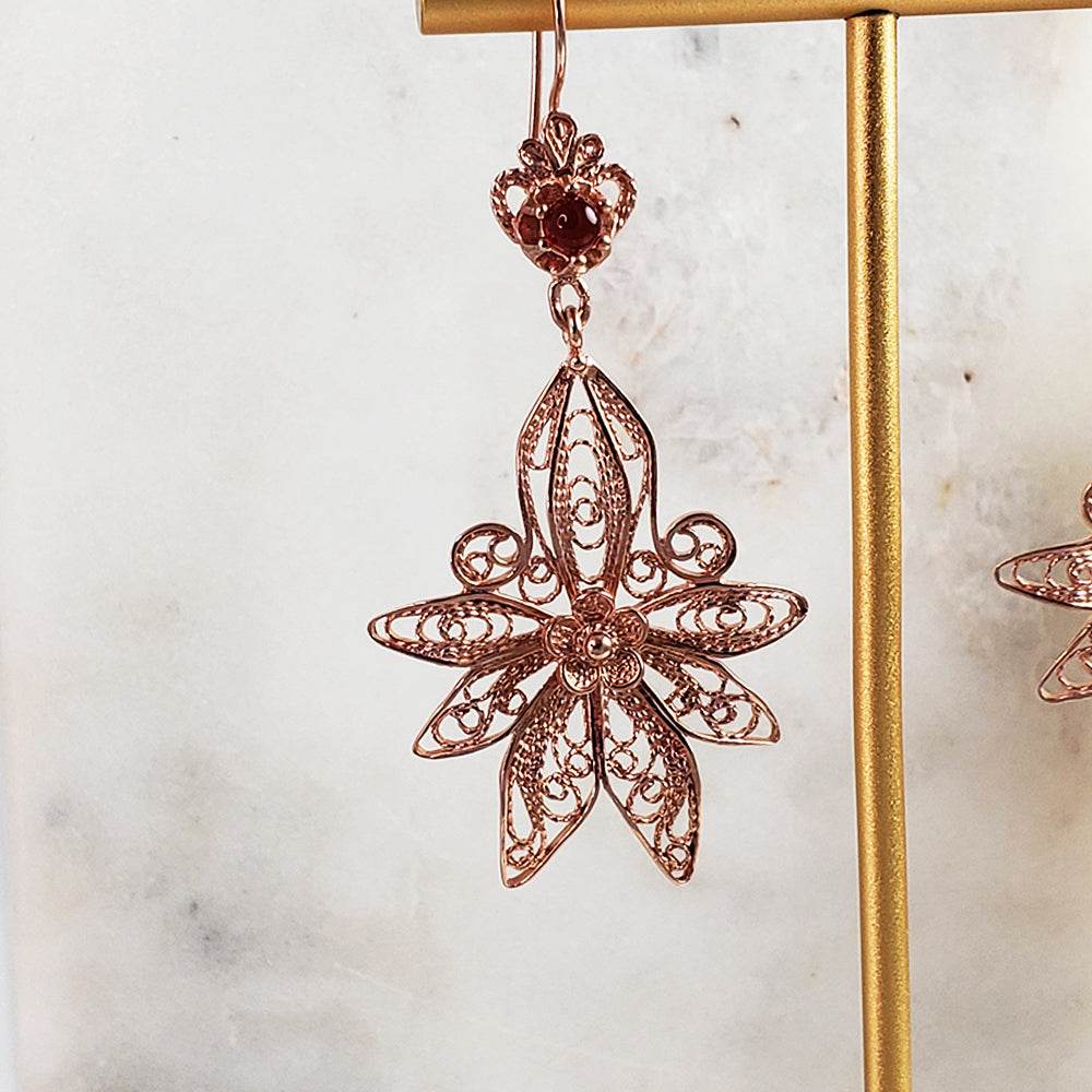 Dangling Carnelian Earrings with Floral Filigree Drop Design - TurkishBling