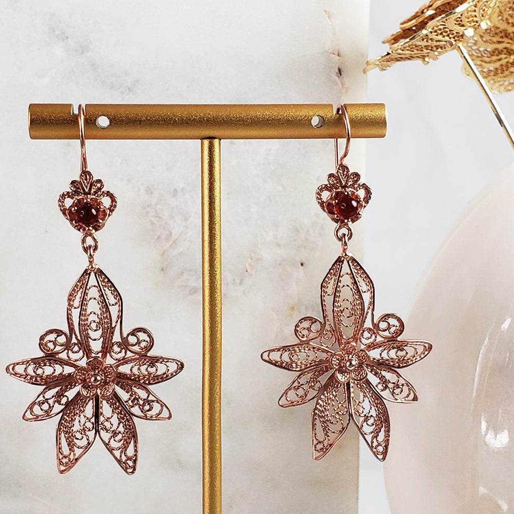 Dangling Carnelian Earrings with Floral Filigree Drop Design - TurkishBling
