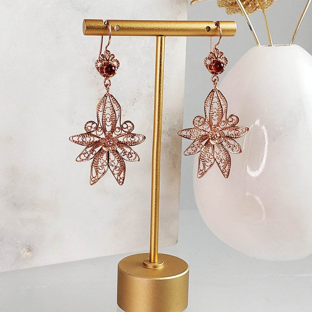 Dangling Carnelian Earrings with Floral Filigree Drop Design - TurkishBling