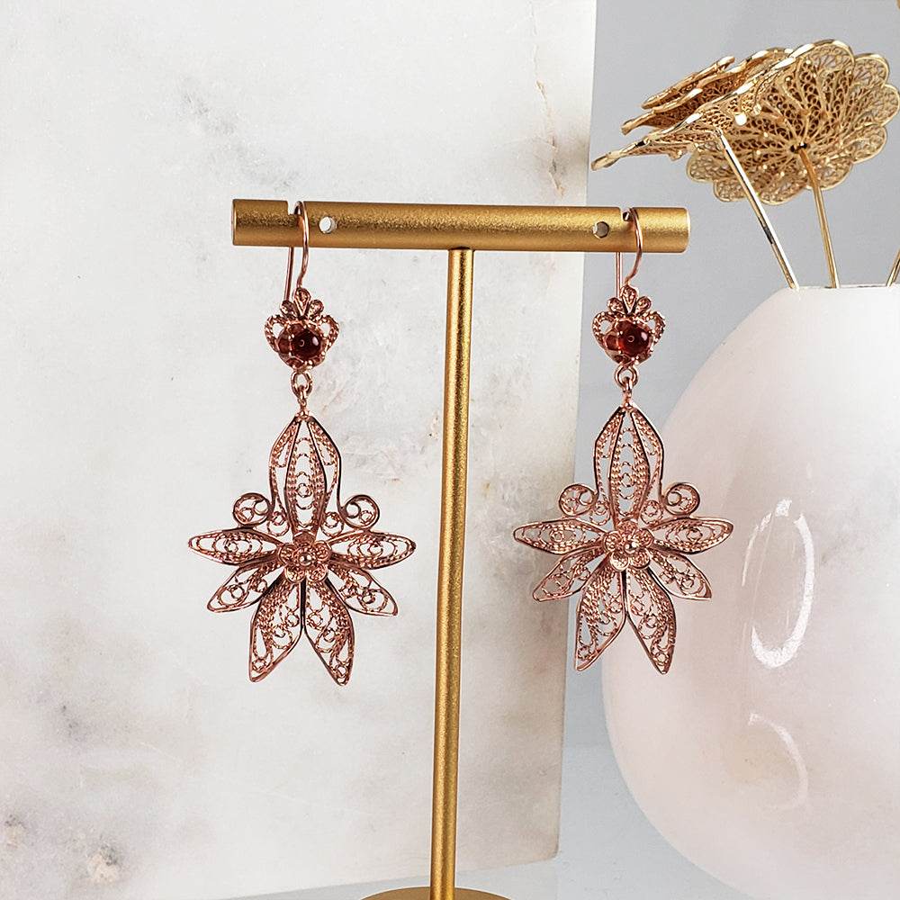 Dangling Carnelian Earrings with Floral Filigree Drop Design - TurkishBling