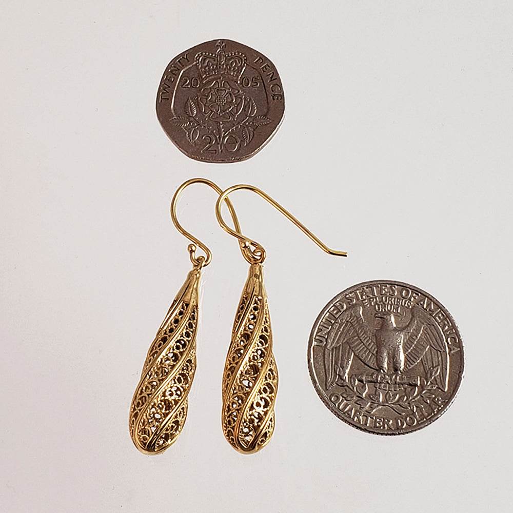 Long Swirl Filigree Drop Earrings with Twisted Pattern - TurkishBling