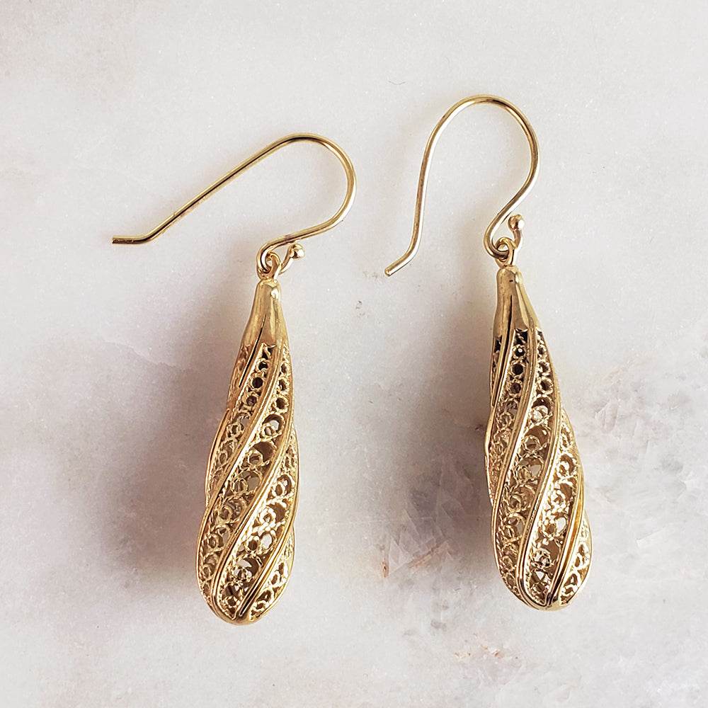 Long Swirl Filigree Drop Earrings with Twisted Pattern - TurkishBling