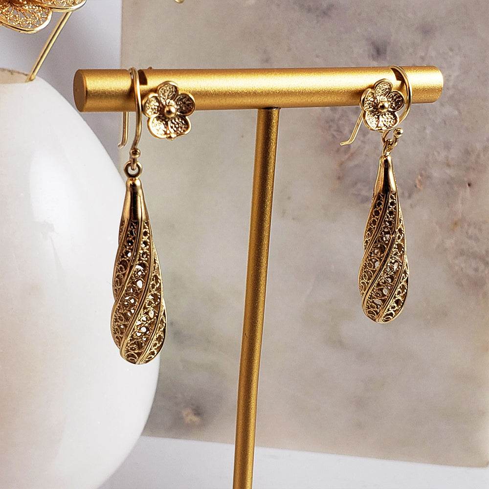 Long Swirl Filigree Drop Earrings with Twisted Pattern - TurkishBling