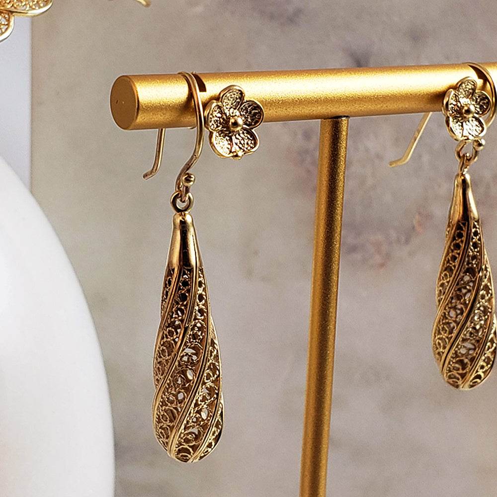 Long Swirl Filigree Drop Earrings with Twisted Pattern - TurkishBling