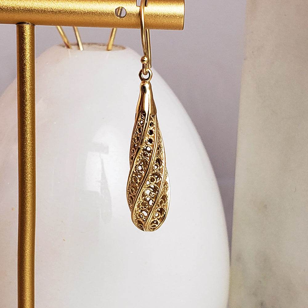 Long Swirl Filigree Drop Earrings with Twisted Pattern - TurkishBling