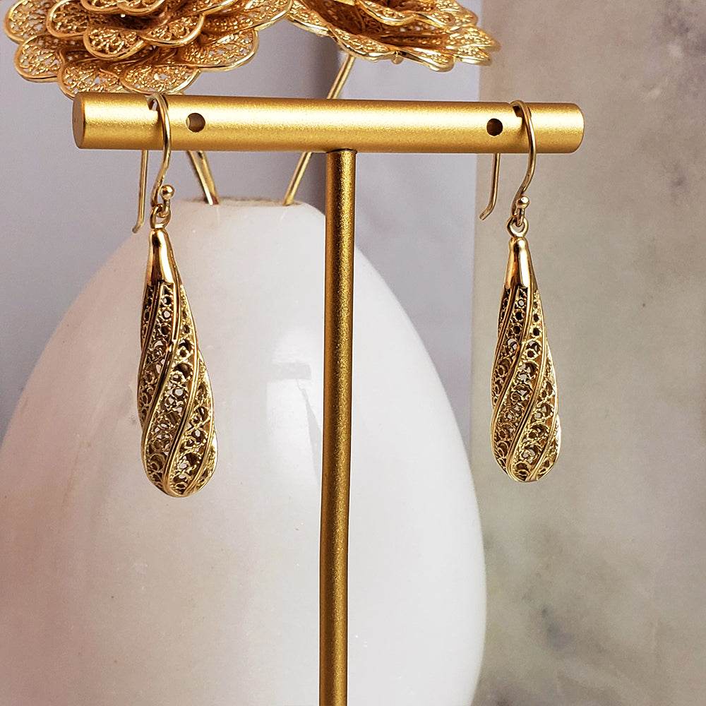 Long Swirl Filigree Drop Earrings with Twisted Pattern - TurkishBling