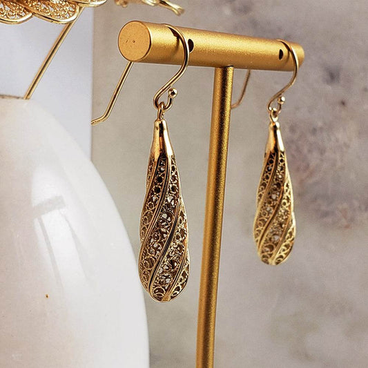 Long Swirl Filigree Drop Earrings with Twisted Pattern - TurkishBling