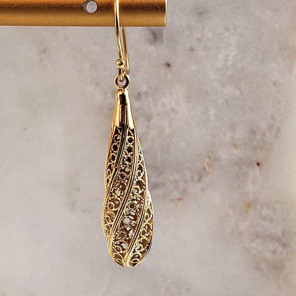 Long Swirl Filigree Drop Earrings with Twisted Pattern - TurkishBling