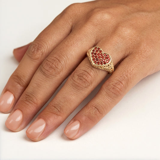 Heart Filigree Ring with Red Cubic Zirconia – Romantic Gold Statement Ring
