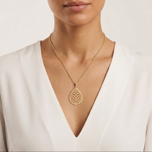 Turkish Motif Teardrop Openwork Pendant with Ornate Scrollwork