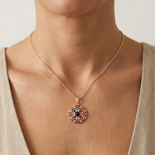 Gold Mosaic Pendant Red Turquoise Enamel Black Onyx Medallion