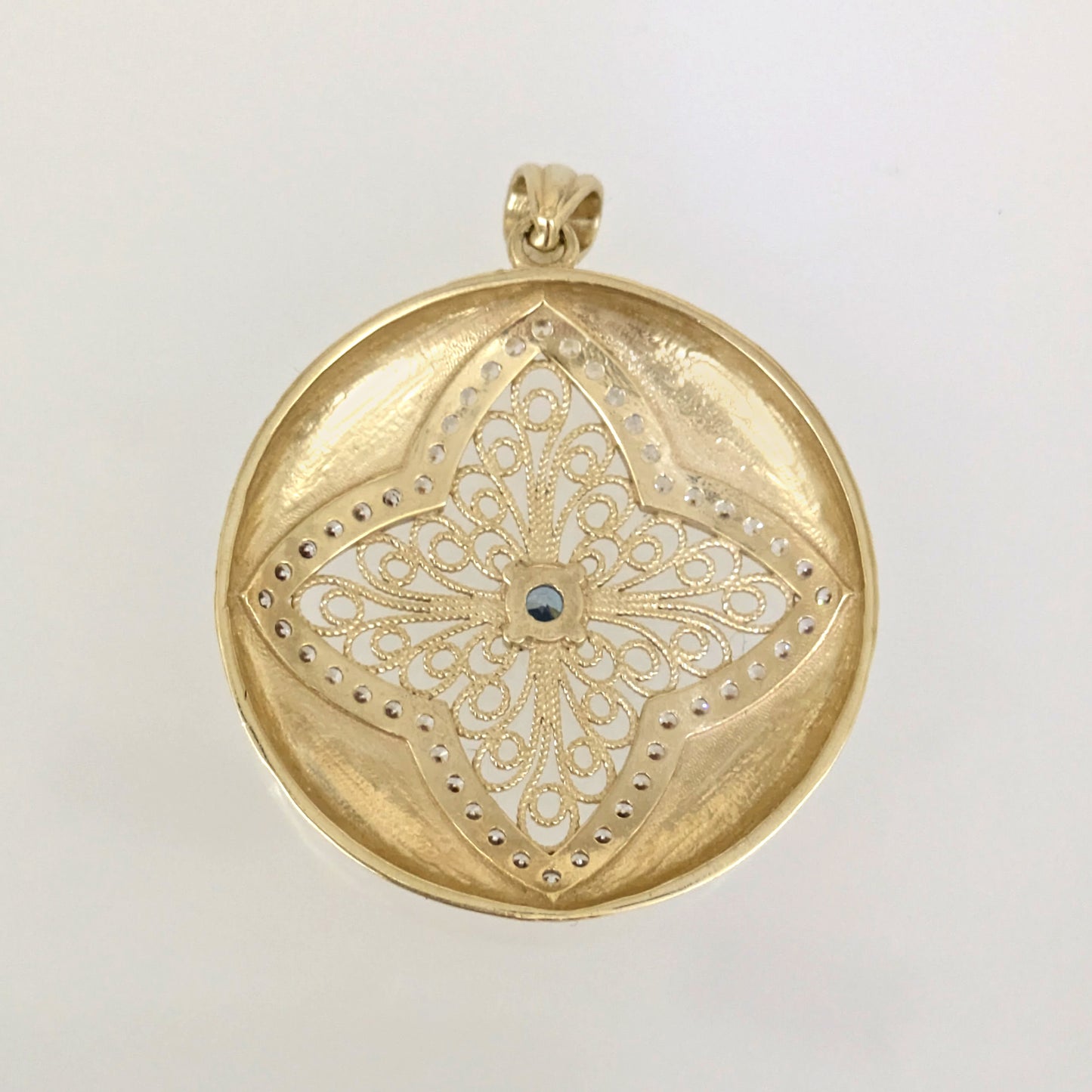 Hammered Disc Pendant Blue CZ Filigree Floral Cross Medallion