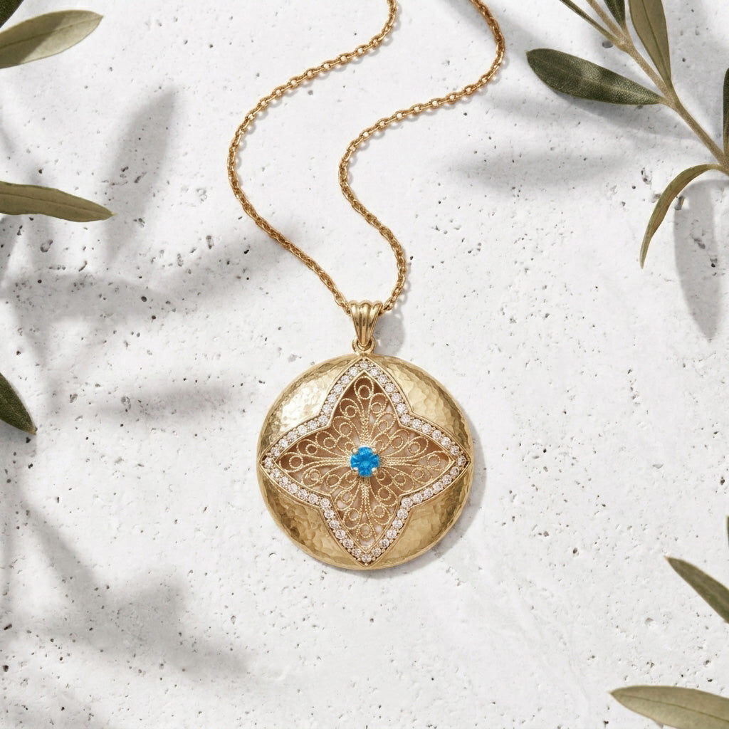 Gold Hammered Disc Pendant Blue CZ Filigree Floral Cross Medallion