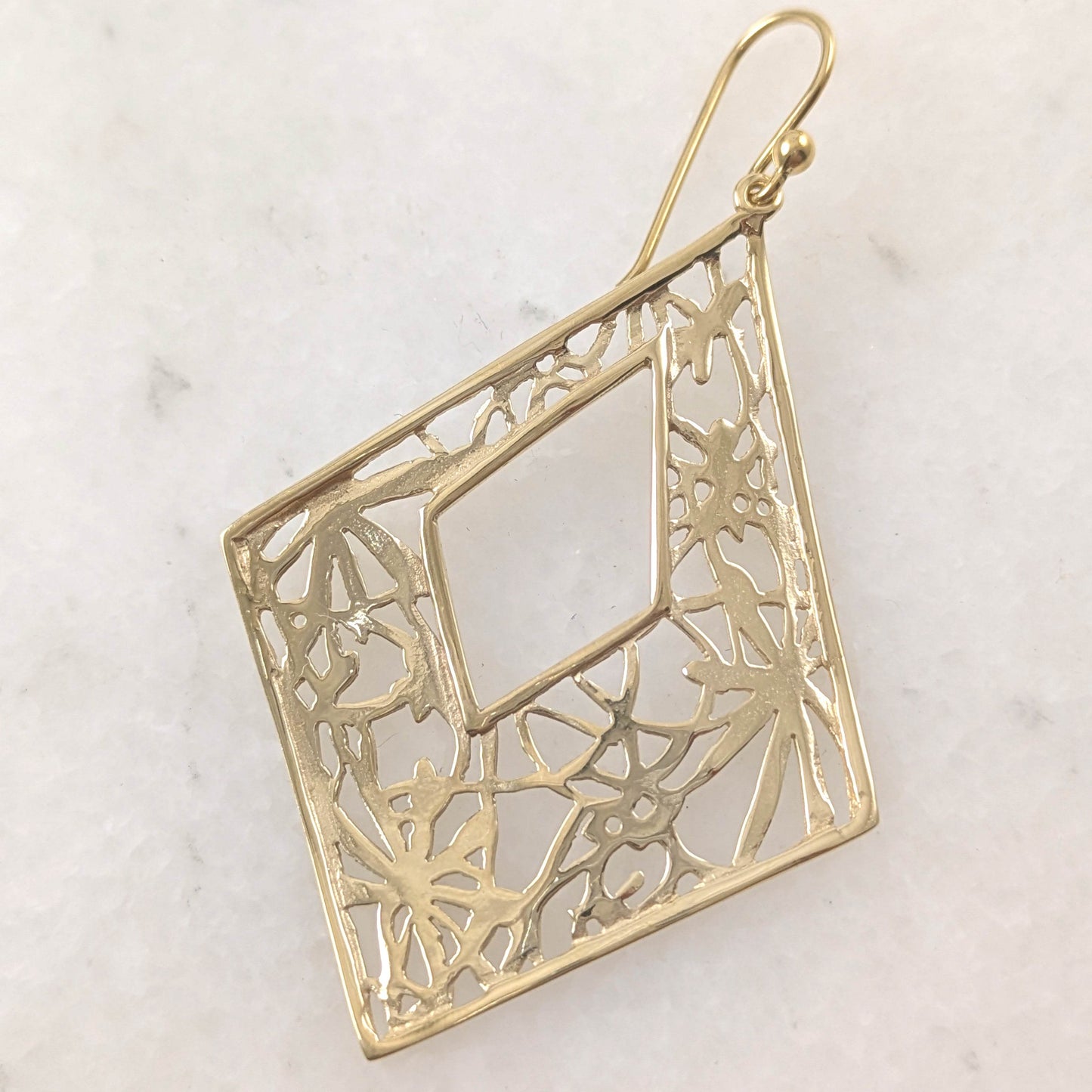 Diamond-Shape Dangle Earrings with Floral Cutout Motif - TurkishBling