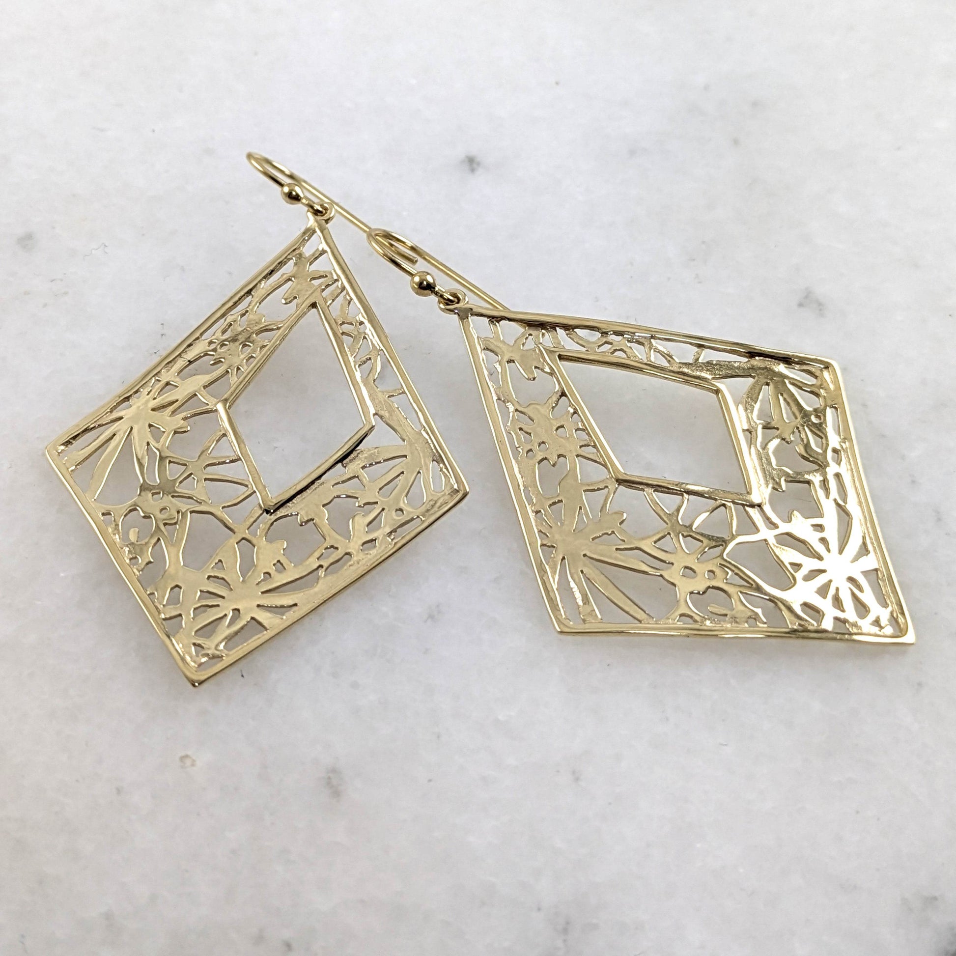 Diamond-Shape Dangle Earrings with Floral Cutout Motif - TurkishBling