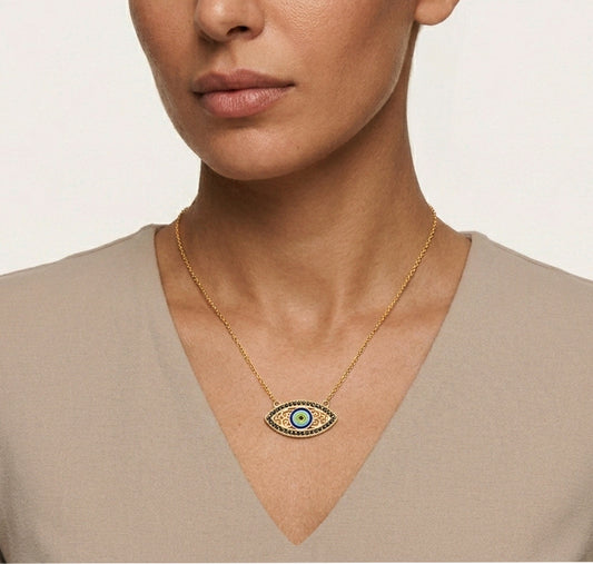 Gold Evil Eye Necklace Black CZ Marquise Nazar Protection Necklace