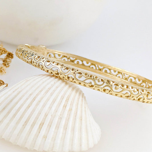 Open Scrollwork Bangle Bracelet – Easy Click Top Closure, 7 Inch Design - TurkishBling