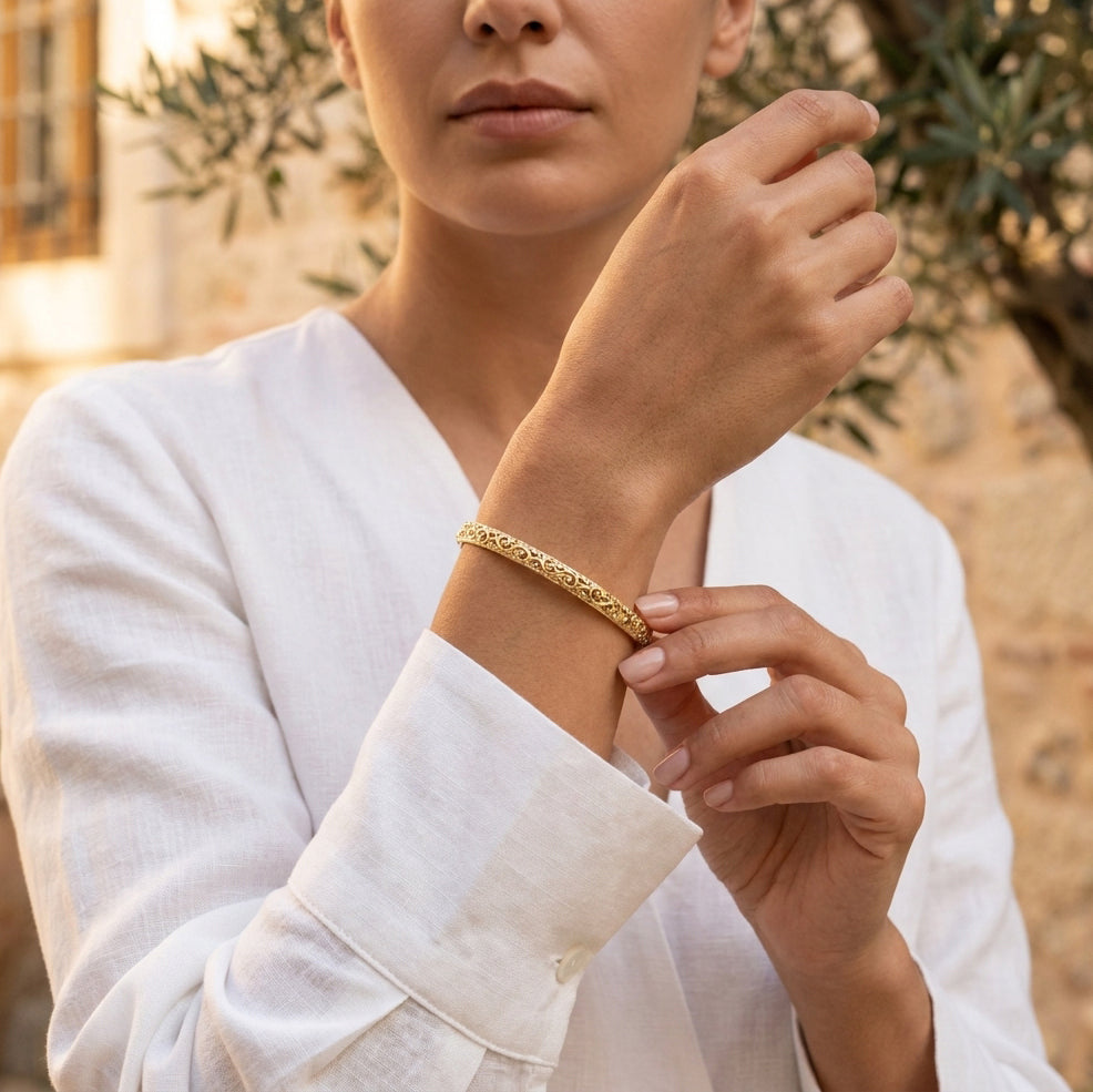 Open Scrollwork Bangle Bracelet – Easy Click Top Closure, 7 Inch Design