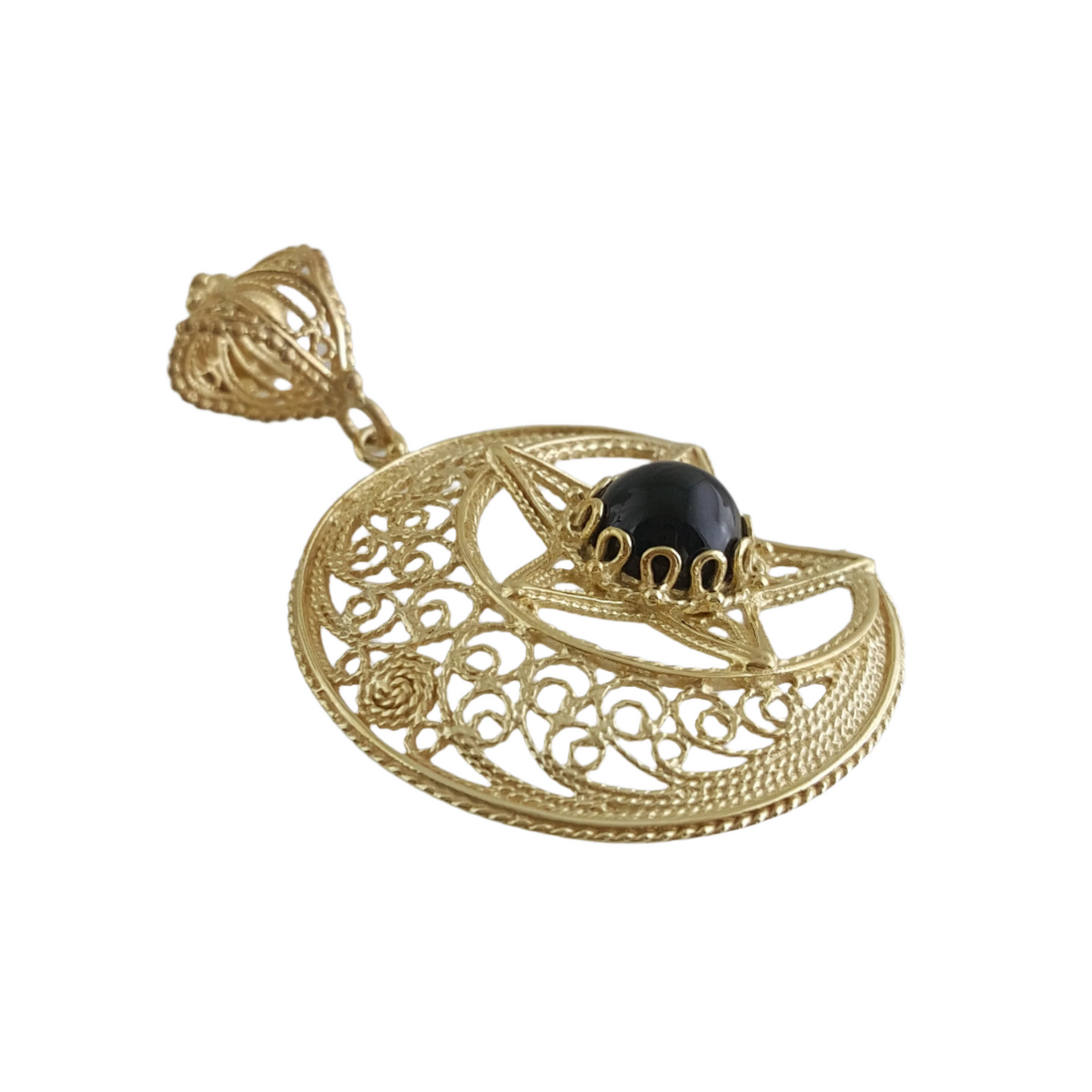 Gold Crescent Moon and Star Pendant with Black Onyx – Handcrafted Celestial Jewelry