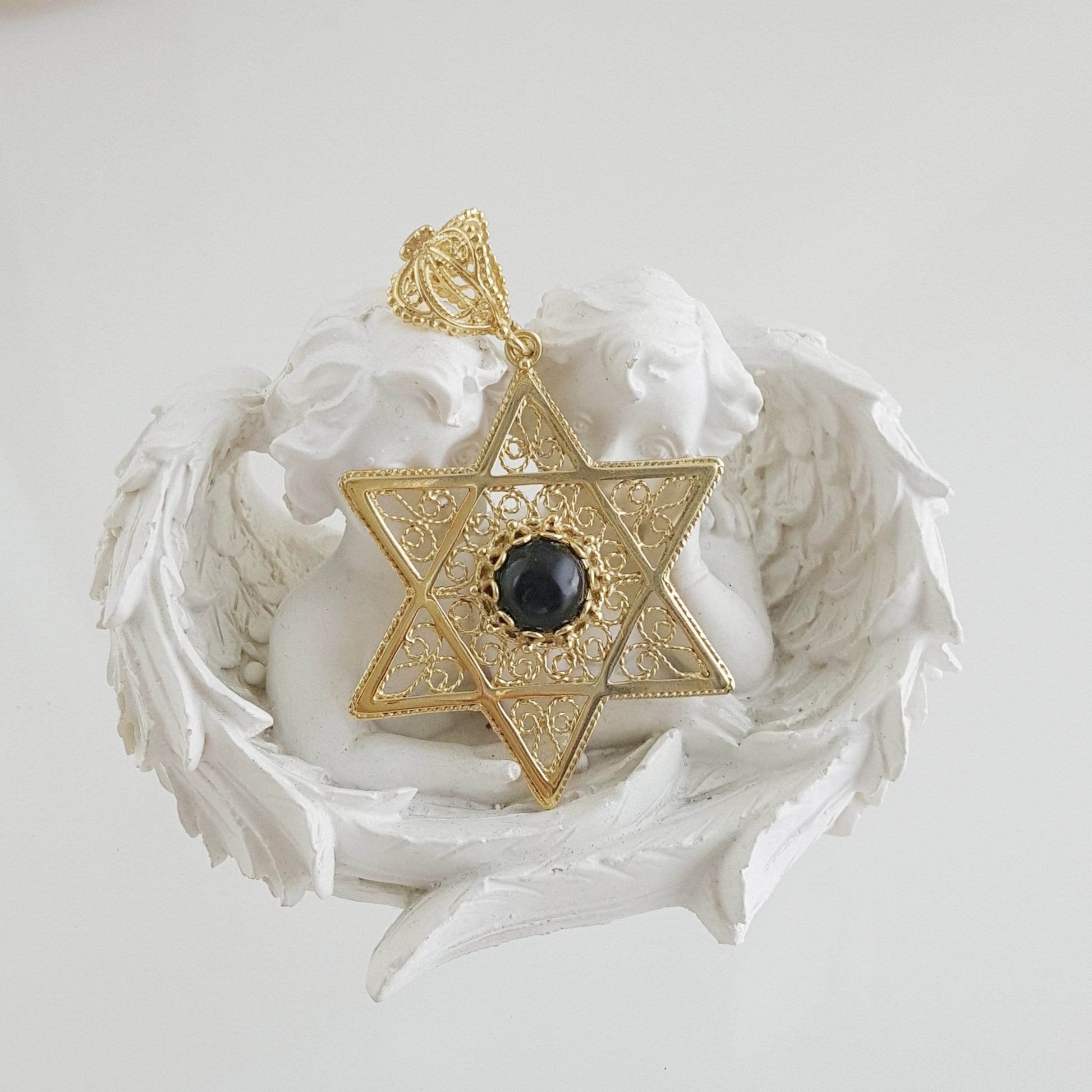Gold Star of David Filigree Pendant with Black Onyx – Handcrafted Artisan Necklace - TurkishBling