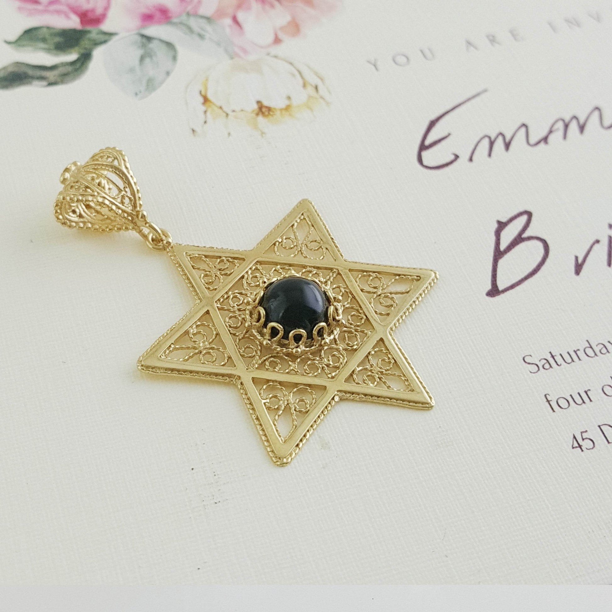 Gold Star of David Filigree Pendant with Black Onyx – Handcrafted Artisan Necklace - TurkishBling